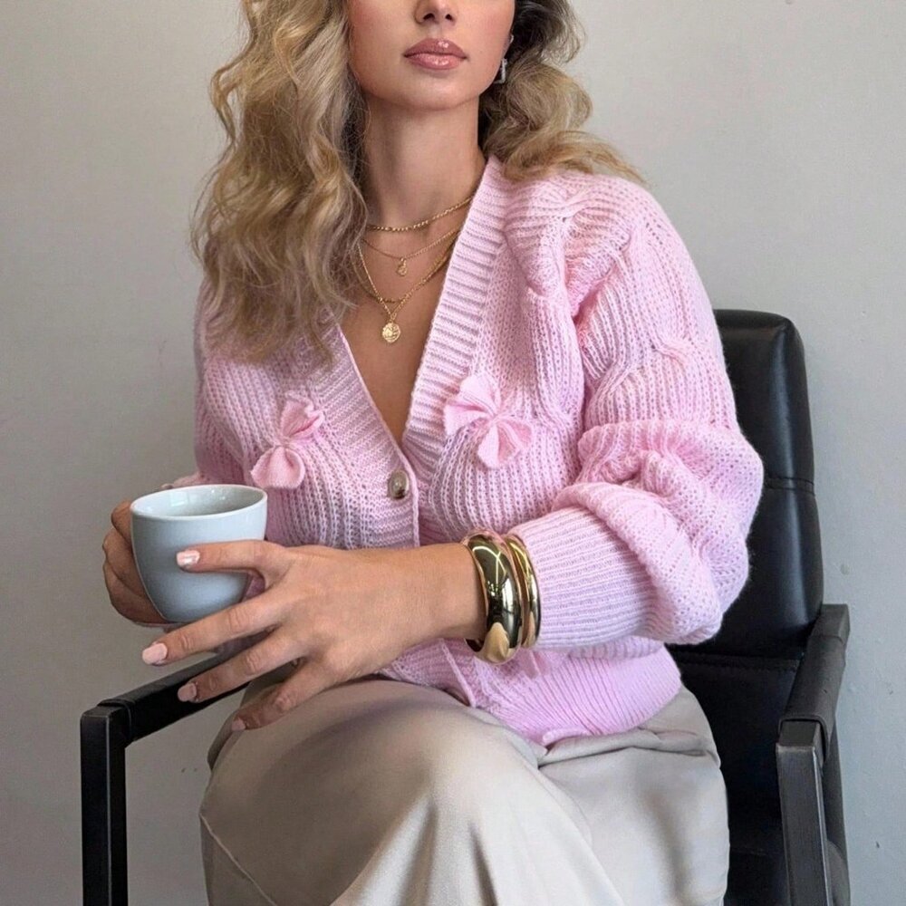 Pretty in Pink Womens Soft Bow Long Sleeve button down knit sweater Cardigan Top